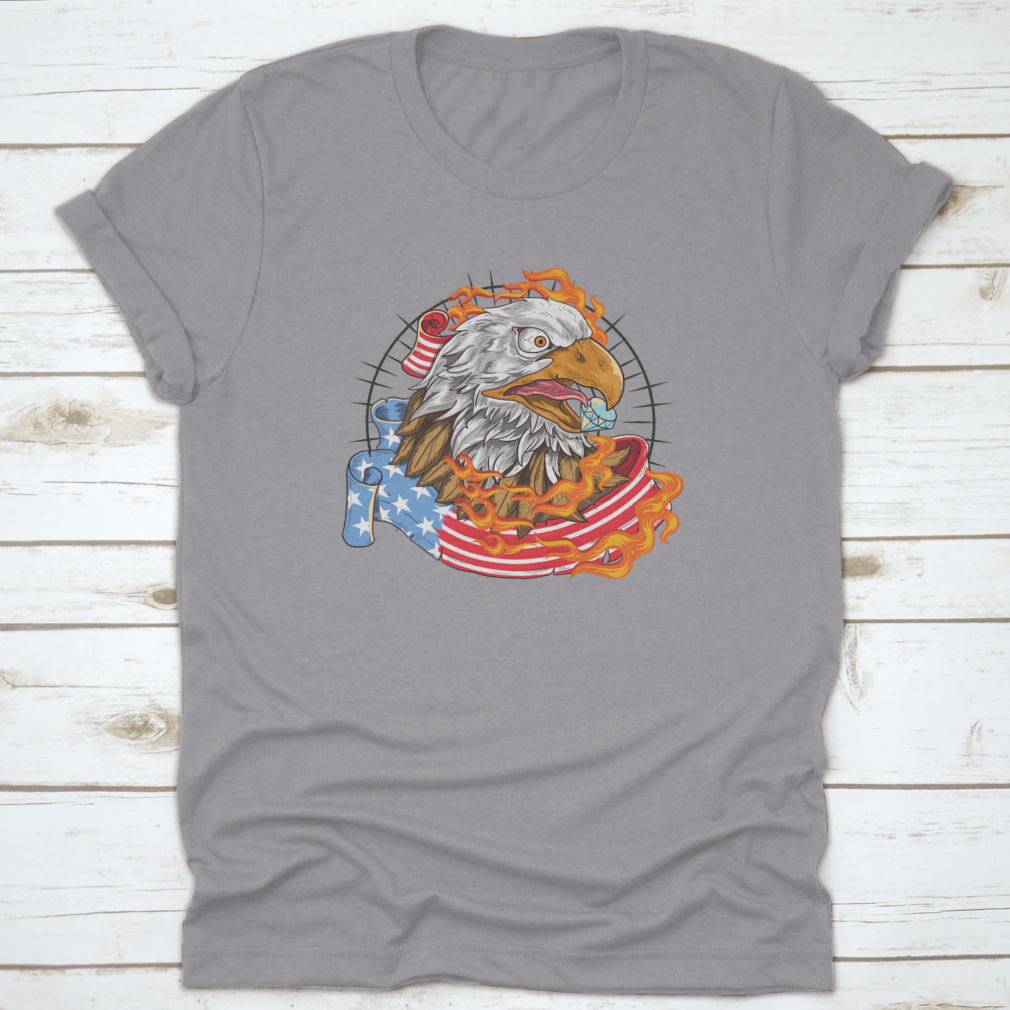 A stylish t-shirt featuring a flaming eagle with a diamond on its beak, showcasing a patriotic design.